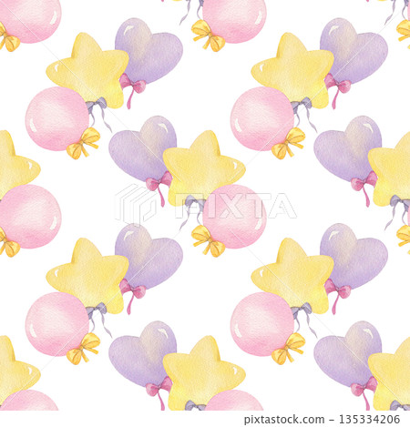 Seamless pattern of heart, round and star shaped objects with the bows. For fabric, packing paper, greeting cards, design, decoration and illustration. Seamless pattern of heart, round and star shaped objects with the bows. For fabric, packing paper, greeting cards, design, decoration and illustration. 135334206