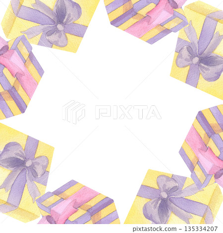 Square frame of gifts boxes. Handmade illustration of gift box. For fabric, packing paper, greeting cards, design, decoration and illustration. Square frame of gifts boxes. Handmade illustration of gift box. For fabric, packing paper, greeting cards, design, decoration and illustration. 135334207