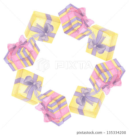 Wreath of gifts boxes. Handmade illustration of gift box. For fabric, packing paper, greeting cards, design, decoration and illustration. Wreath of gifts boxes. Handmade illustration of gift box. For fabric, packing paper, greeting cards, design, decoration and illustration. 135334208