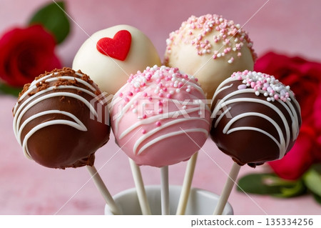 Valentine's Day cake pops with roses on pink background 135334256
