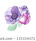 Watercolor illustration of blue purple anemone flowers, composition of three buds in high resolution, isolated on white background, perfect for decor Perfect for cards, invitations, weddings 135334372