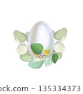 watercolor illustration of a soft blue Easter egg high-resolution with eucalyptus branches on a white background. Perfect for decoration, cards, and invitations. Pastel colors. 135334373