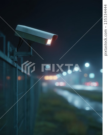 Surveillance camera vigilantly watching at night, monitoring city streets, a symbol of security, privacy concerns, and futuristic urban control 135334444