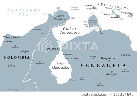 Gulf of Venezuela and Lake Maracaibo, gray political map. Gulf in the Caribbean Sea and South America, connected to one of the oldest Lakes on Earth, and main oil producing area of Venezuela. Vector 135334643