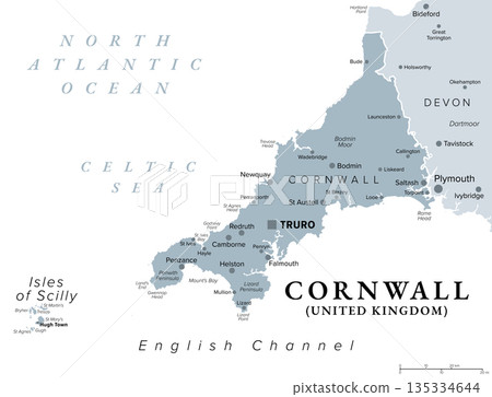 Cornwall, ceremonial county in South West England, United Kingdom, gray political map, with county town Truro, and the Isles of Scilly, bordered by Devon, Atlantic Ocean, and English Channel. Vector Cornwall, ceremonial county in South West England, United Kingdom, gray political map, with county town Truro, and the Isles of Scilly, bordered by Devon, Atlantic Ocean, and English Channel. Vector 135334644