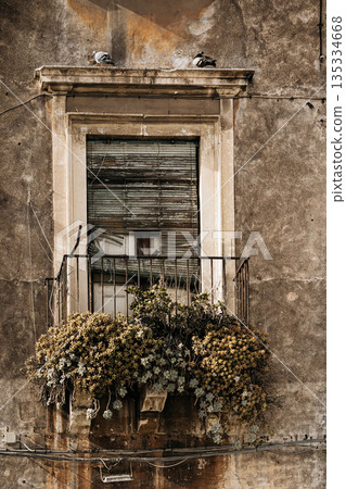 Weathered Window With Flower Boxes: Aged Plaster Facade, Wooden Shutters, And Potted Plants Creating Quiet Mediterranean Urban Detail 135334668