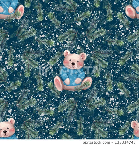 Cozy holiday background with hand-drawn bear surrounded by snowy pine branches. This repeatable design is ideal for festive wrapping paper, winter textiles, and seasonal nursery decor. 135334745