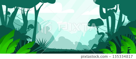 Landscape of tropical jungle with green plants. Rainforest trees and vines. Wild nature panorama. Summer exotic foliage silhouette. Environment scenery. Lush greenery. Vector background Landscape of tropical jungle with green plants. Rainforest trees and vines. Wild nature panorama. Summer exotic foliage silhouette. Environment scenery. Lush greenery. Vector background 135334817