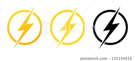 Lightning bolt icon in circle. Yellow or black silhouette thunderbolt power. Thunderstorm blasts. Energy charge. Thunder zigzag. Electricity voltage. Electric discharge symbols vector set Lightning bolt icon in circle. Yellow or black silhouette thunderbolt power. Thunderstorm blasts. Energy charge. Thunder zigzag. Electricity voltage. Electric discharge symbols vector set 135334818