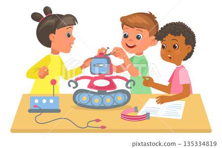 Little scientists. Kids assemble robot. Children programming robotic toy. Boys and girls creating automatic electronic machine with artificial intelligence. Splendid vector concept Little scientists. Kids assemble robot. Children programming robotic toy. Boys and girls creating automatic electronic machine with artificial intelligence. Splendid vector concept 135334819
