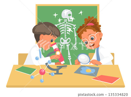 Little scientists. Kids in lab coats looking through microscope and magnifier. Children studying human anatomy. Scientific experiments. Laboratory research. Splendid vector concept Little scientists. Kids in lab coats looking through microscope and magnifier. Children studying human anatomy. Scientific experiments. Laboratory research. Splendid vector concept 135334820