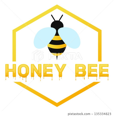 Logo with honey bee in honeycomb frame. Flying insect. Beekeeping logotype. Sweet dripping text font. Beehive animal. Yellow honeybee with wings. Hexagon apiculture icon vector design 135334823