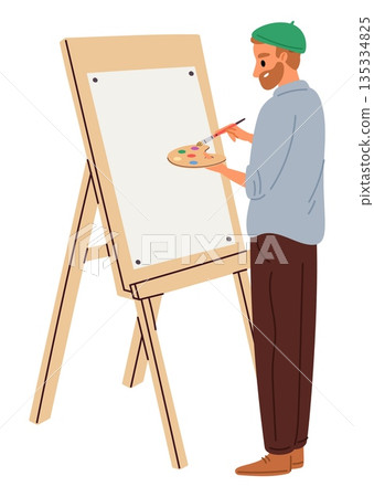 Male artist with palette and brush in his hands stands near canvas. Artwork on wooden easel. Man painter drawing picture at tripod. Artistic studio. Painting studio. Vector concept 135334825