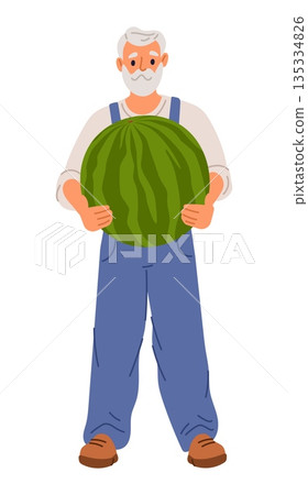 Male farmer holds large ripe watermelon in his hands. Farm crops. Gardener carrying fruit harvest. Natural organic product. Farming local market. Agriculture worker. Vector concept Male farmer holds large ripe watermelon in his hands. Farm crops. Gardener carrying fruit harvest. Natural organic product. Farming local market. Agriculture worker. Vector concept 135334826