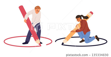 Man and woman draw their comfort zone. Boundary of personal space and privacy. People with big pencils write separation lines. Introvert psychology. Contact barrier. Vector concept 135334830