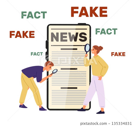 Man and woman study news on phone screen with magnifiers. People checking whether information is fake or fact. Disinformation on social media. Misinformation propaganda. Vector concept Man and woman study news on phone screen with magnifiers. People checking whether information is fake or fact. Disinformation on social media. Misinformation propaganda. Vector concept 135334831