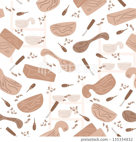 Manufacture of wooden tableware seamless pattern. Timber blocks. Woodwork craft. Chisels and spoon cutter. Repeated print. Wood bowl and ladle. Carving hobby tools. Vector background 135334832