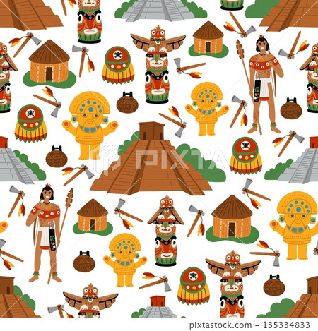 Mayan pyramids, religious totems and golden statuette. Ancient civilization seamless pattern. Aztecs and Incas tribal architecture. Tomahawk and arrow. Indian warrior. Vector background 135334833