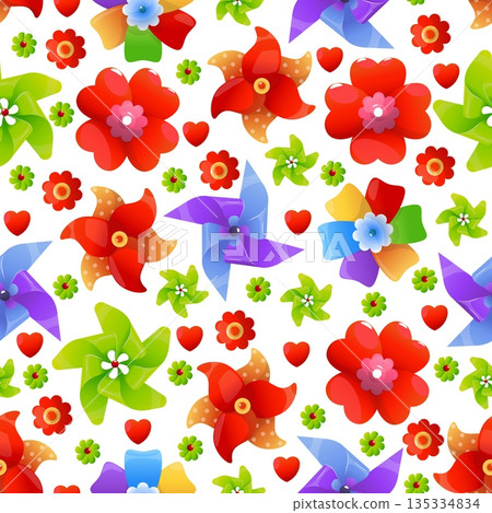 Multicolored toy fans on white background. Color pinwheels seamless pattern. Round spinning origami. Repeated print. Summer kids paper propeller. Holiday rotate windmill. Vector backdrop Multicolored toy fans on white background. Color pinwheels seamless pattern. Round spinning origami. Repeated print. Summer kids paper propeller. Holiday rotate windmill. Vector backdrop 135334834