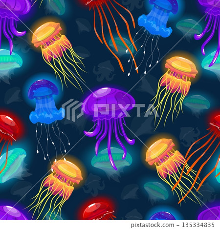 Neon jellyfish float in depths of ocean seamless pattern. Underwater animals. Luminous inhabitants of seabed. Undersea invertebrate creatures. Jelly marine fauna. Vector background Neon jellyfish float in depths of ocean seamless pattern. Underwater animals. Luminous inhabitants of seabed. Undersea invertebrate creatures. Jelly marine fauna. Vector background 135334835