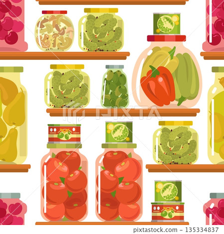 Pickles in glass jars and canned goods on shelves in pantry. Conserved vegetables and fruits seamless pattern. Marinated cucumber or tomato pots on shelving. Pear compote. Vector background Pickles in glass jars and canned goods on shelves in pantry. Conserved vegetables and fruits seamless pattern. Marinated cucumber or tomato pots on shelving. Pear compote. Vector background 135334837