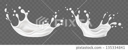 Realistic milk splashes. Liquid cream. White splashing on transparent background. Fresh dairy product. Milky wave splatter or flow. Yoghurt 3D drip. Vector isolated fluid elements set 135334841