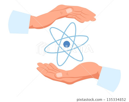 Scientists hands protect atom. Safe nuclear energy. Molecule on palm. Atomic model. Protective gesture. Physics structure. Chemical research. Nucleus and rotating electrons. Vector concept 135334852