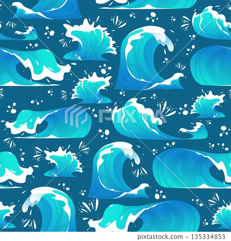 Sea coastal waves seamless pattern. Water flows with splashes and foam. Marine storm. Repeated print. Ocean tsunami. Blue fountains and aqua blowout. Splashing drops. Vector background 135334853