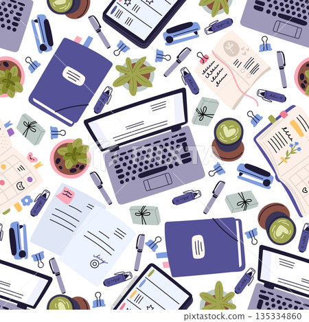 Workspace seamless pattern. Laptop and office supplies. Business documents. Work organizer notebook. Workplace top view. Stationery on desk. Houseplant and drink cup. Vector background 135334860