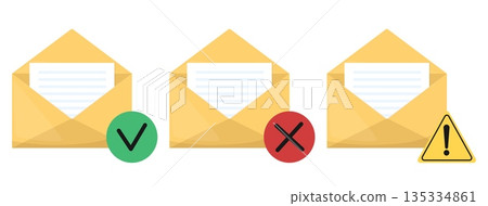 Yellow open envelopes marked with check mark, cross and exclamation point. Letter notification. Attention symbol. Allowed or rejected correspondence. Forbidden message. Vector icons set 135334861