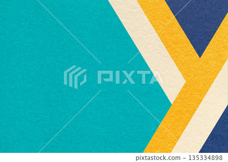 Abstract teal textured paper background with beige, yellow, blue geometric lines, copy space for banner presentation Abstract teal textured paper background with beige, yellow, blue geometric lines, copy space for banner presentation 135334898