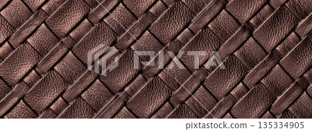 Texture dark brown leather background with woven braided pattern, macro. Abstract bronze upholstery surface Texture dark brown leather background with woven braided pattern, macro. Abstract bronze upholstery surface 135334905