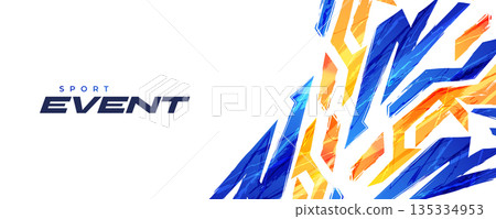 Modern and Abstract Sport or Technology Event Background with Blue and Orange Dynamic Arrow Shapes. Energetic Sport Banner Design 135334953