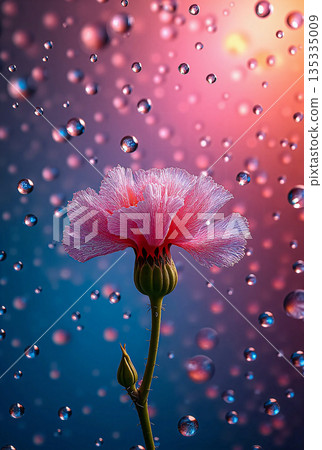 Delicate pink flower adorned with shimmering raindrops.  Delicate pink flower with fringed petals, possibly a Dianthus species.  135335009