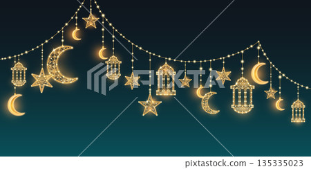 Eid Ramadan lights garland on dark blue background 135335023