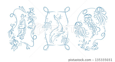 Sea life doodle frames set isolated on white Sea life doodle frames set isolated on white 135335031