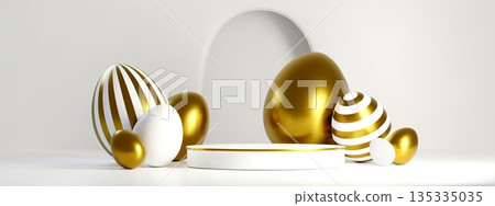 Round stage and golden Easter eggs on white 135335035