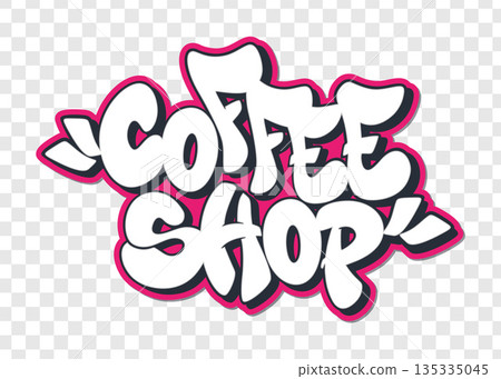 Coffee shop in graffiti style text with halo on transparent background design. Coffee shop in graffiti style text with halo on transparent background design. 135335045