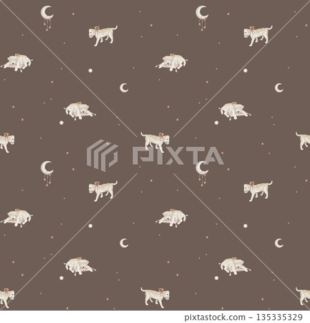 Seamless pattern with Labradors with tied to ribbon and stars with moon. Repeat ornament with hand drawn illustration dogs and baseball ball for design and beige grey muted tones for baby design. 135335329