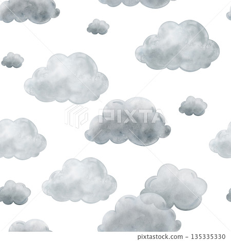 Seamless pattern with Blue Grey Air Clouds. Cute baby's repeat ornaments Isolated hand drawn Watercolor illustration. Design for kid's goods, textiles, cards, baby shower and children's room 135335330