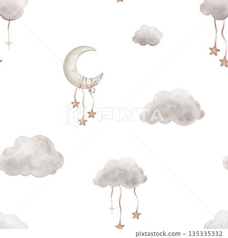 Seamless pattern with Grey Air Clouds and moon. Cute baby's repeat ornaments with stars. Isolated hand drawn Watercolor illustration. Design for kids goods, textiles, children's room Seamless pattern with Grey Air Clouds and moon. Cute baby's repeat ornaments with stars. Isolated hand drawn Watercolor illustration. Design for kids goods, textiles, children's room 135335332