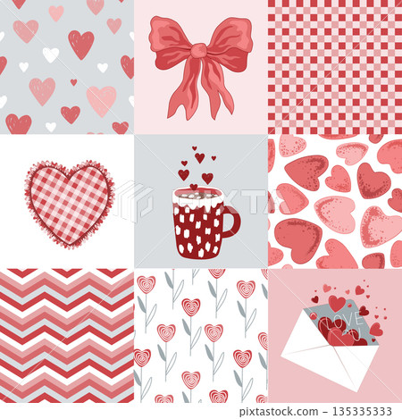 Valentine Day Patchwork Quilt Seamless Doodle Pattern. Romantic Patch Duvet Design. Vector background. Geometric Checkered Print 135335333