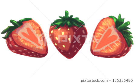 Stylized strawberry illustration showing whole and halved berries isolated on transparent background with painted texture vibrant red fruit for food design packaging health nutrition dessert concepts Stylized strawberry illustration showing whole and halved berries isolated on transparent background with painted texture vibrant red fruit for food design packaging health nutrition dessert concepts 135335490