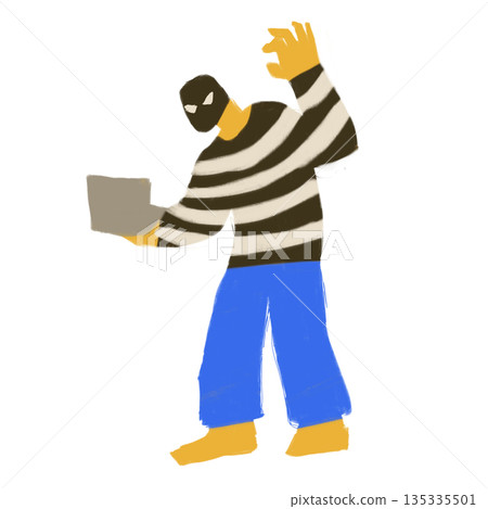Stylized illustration of internet fraud showing masked criminal holding laptop isolated on white background for cybersecurity crime prevention hacking scam warning digital safety concept artwork kits Stylized illustration of internet fraud showing masked criminal holding laptop isolated on white background for cybersecurity crime prevention hacking scam warning digital safety concept artwork kits 135335501