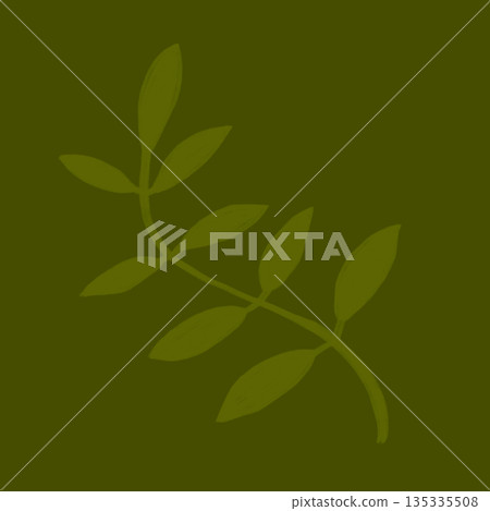 Minimalistic stylized illustration of a green leaf branch on dark background for nature eco design calm botanical themes modern flat organic art wallpaper use for branding print web backgrounds calms 135335508