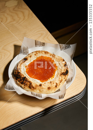 Nighttime Neapolitan Pizza With Glossy Roe Decor, Late Evening Snack Featuring Warm Pie And Shiny Fish Eggs Nighttime Neapolitan Pizza With Glossy Roe Decor, Late Evening Snack Featuring Warm Pie And Shiny Fish Eggs 135335552