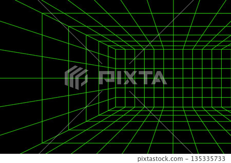 Part of rectangular green neon light wireframe in perspective on black background. Room, portal or studio mesh structure in futuristic style. Metaverse or virtual reality space. Vector illustration 135335733