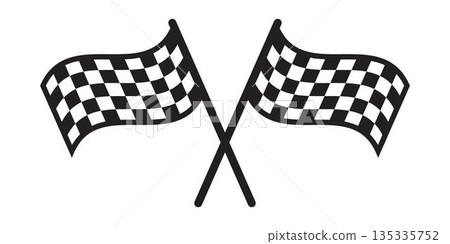 Two crossed wavy race flags with checkered black and white pattern. Start or finish symbol on sport car competitions. Rally, karting or motocross props. Vector graphic illustration Two crossed wavy race flags with checkered black and white pattern. Start or finish symbol on sport car competitions. Rally, karting or motocross props. Vector graphic illustration 135335752