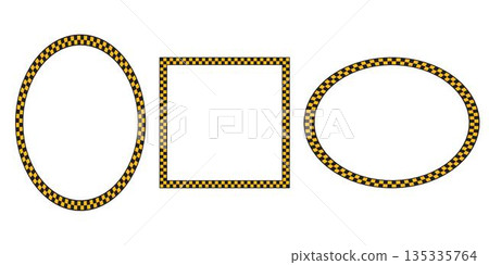 Oval and squre taxi or police frames with black and yellow chequered pattern isolated on white background. Vignettes with checkerboard print. Ellipse shaped frameworks. Vector flat illistration Oval and squre taxi or police frames with black and yellow chequered pattern isolated on white background. Vignettes with checkerboard print. Ellipse shaped frameworks. Vector flat illistration 135335764