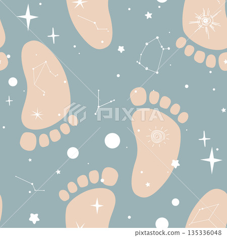 Seamless pattern with boho baby feet and space symbols. Baby footprints with galaxy stars imprints. Neutral beige pastel colors. Vector illustration background 135336048